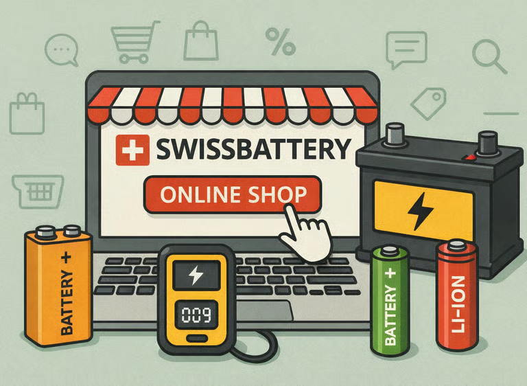 Illustration de la boutique en ligne Swiss Battery avec des batteries et des cellules
