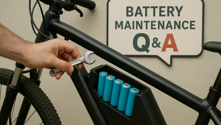 Entretien d’une batterie de vélo électrique logée dans le cadre, avec un panneau questions-réponses
