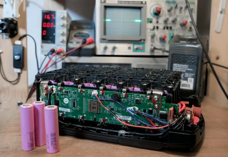 Batterie ouverte sur l’établi de l’atelier, avec son électronique et des cellules neuves à côté